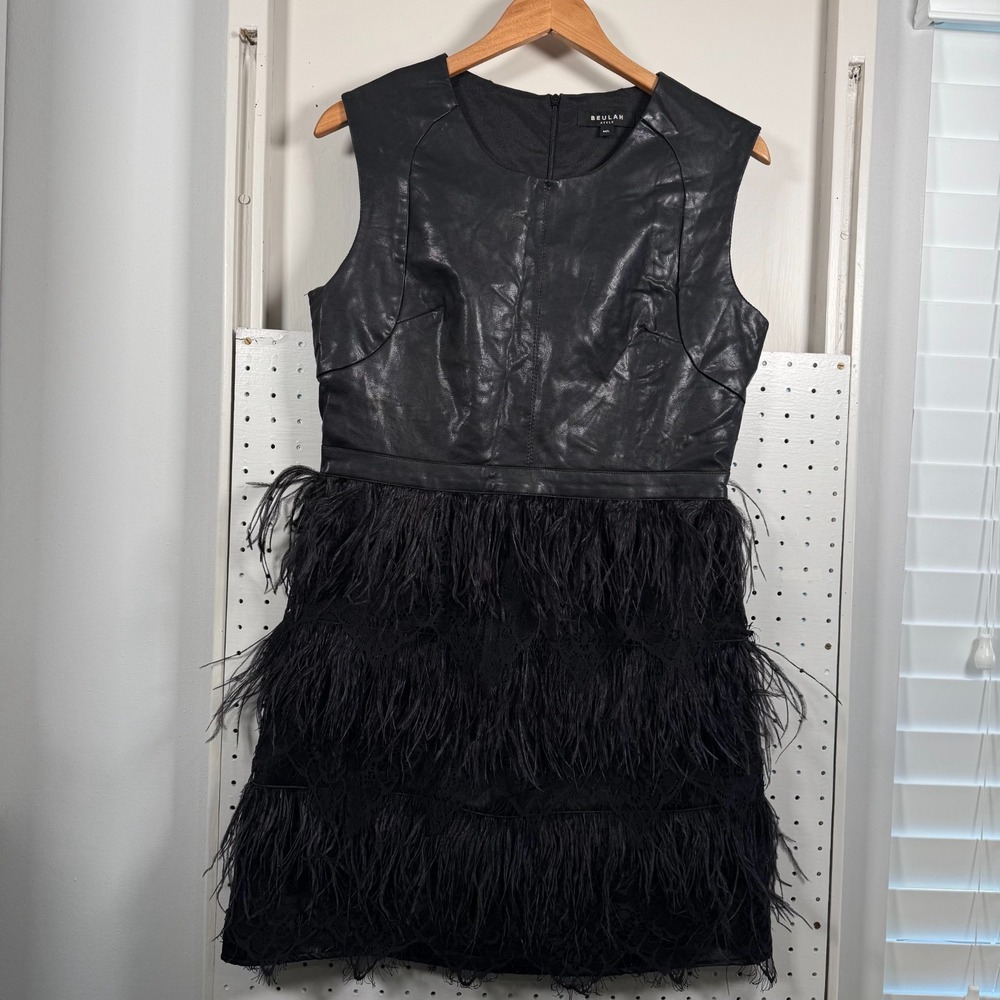 Beulah Style Feather Fringe Dress Women's Black Leather Lace Sleeveless - Medium